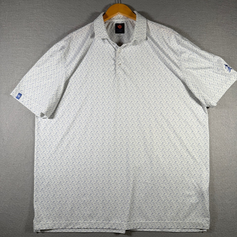 Donald Ross Sport Mens XXL White Blue Dinosaur Print Performance Golf Polo Shirt